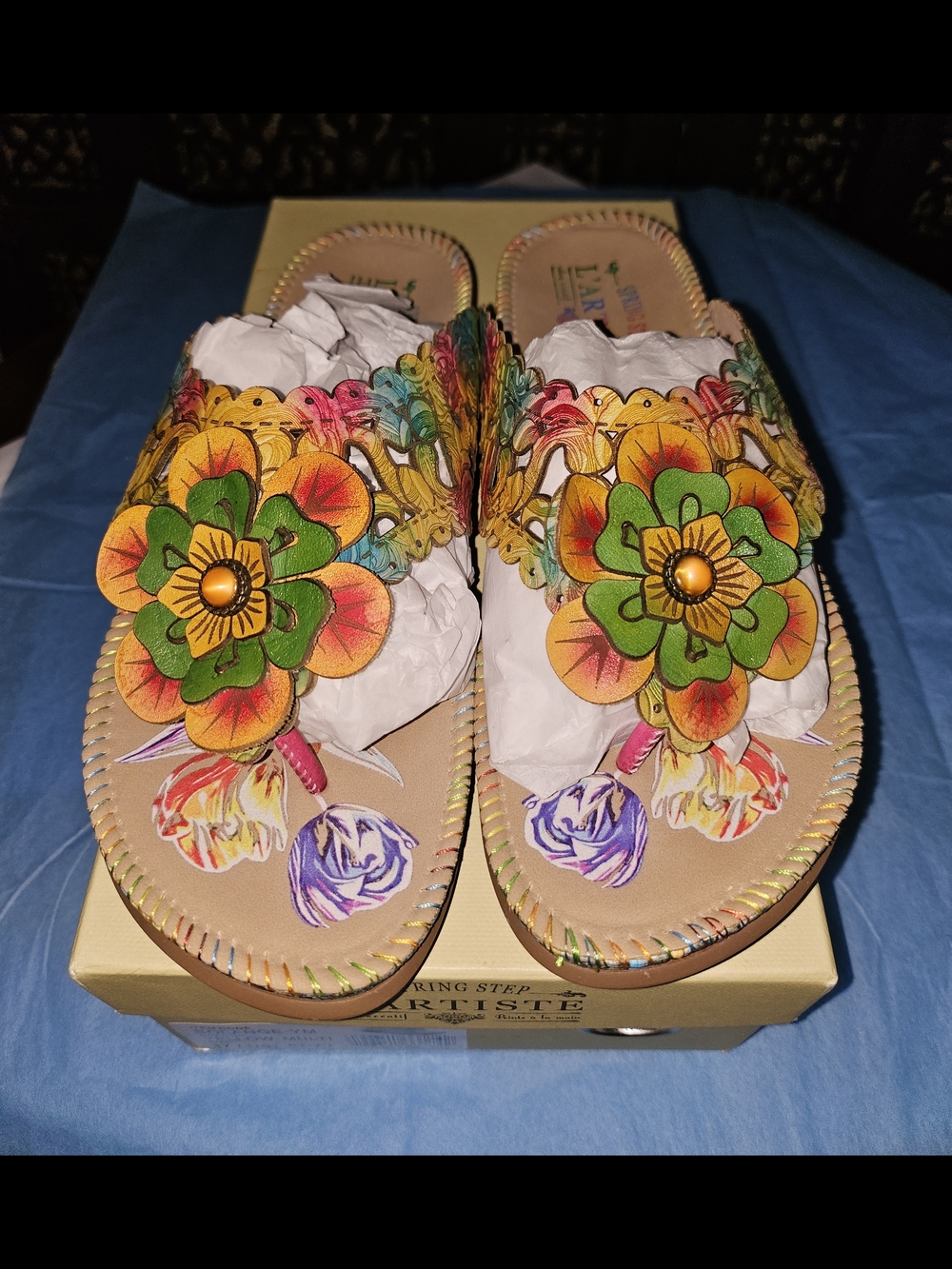 L'artiste Vibrant Floral Slide Sandals in Green and Yellow